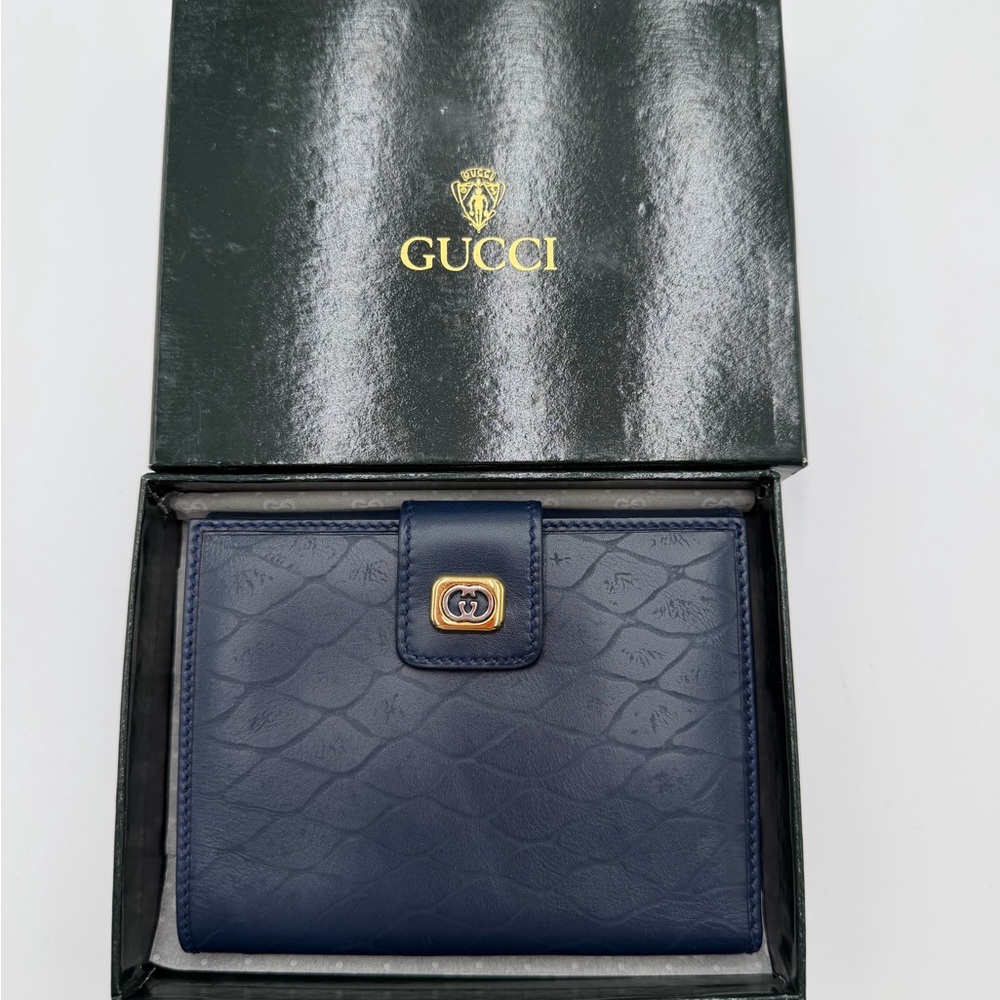 Gucci Navy Leather Wallet with Gold-Tone Double G Snap
